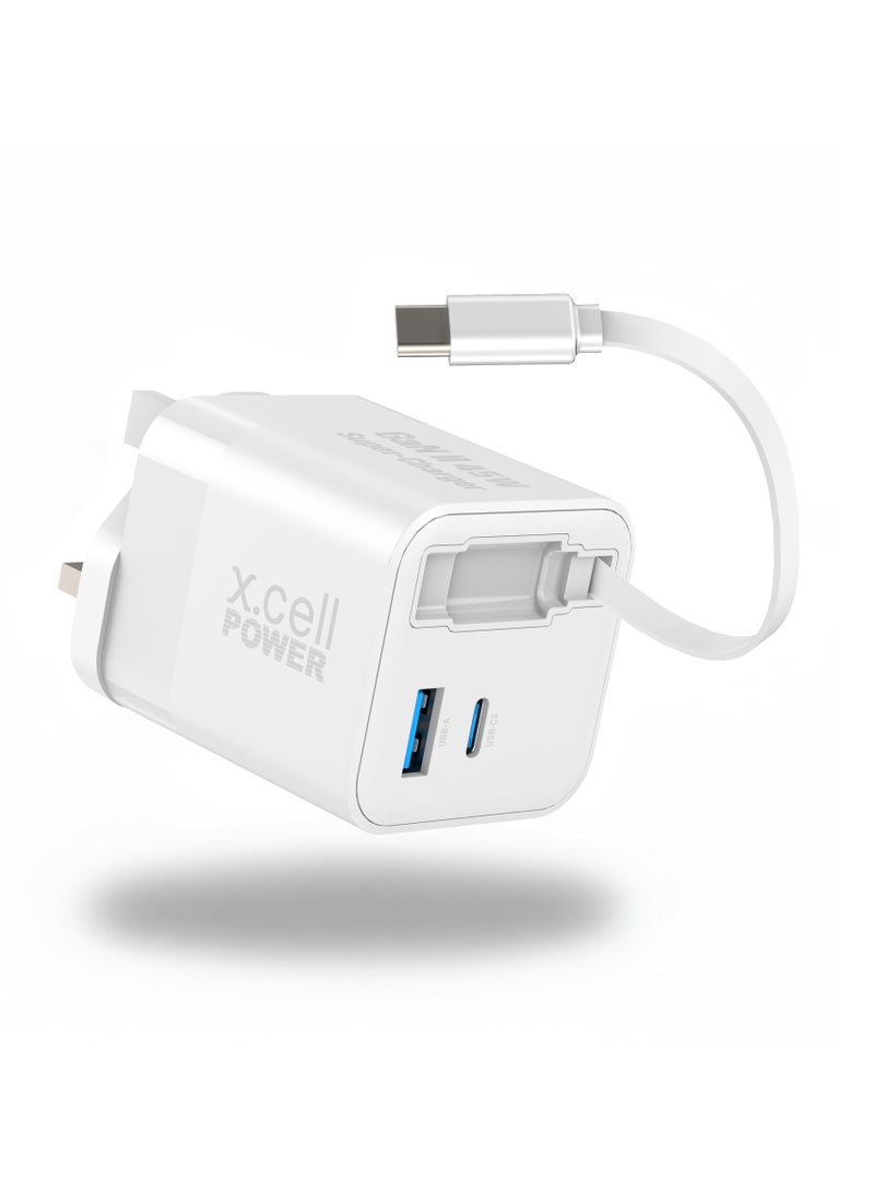 Xcell 65W GaN II USB-C Fast Charger with 65cm Retractable Cable, 3-Port Fast Charging (2 USB-C PD + USB-A QC 3.0), PPS Support, Compact Wall Charger for iPhone 16/17, Samsung & USB-C Devices, White - Image 1